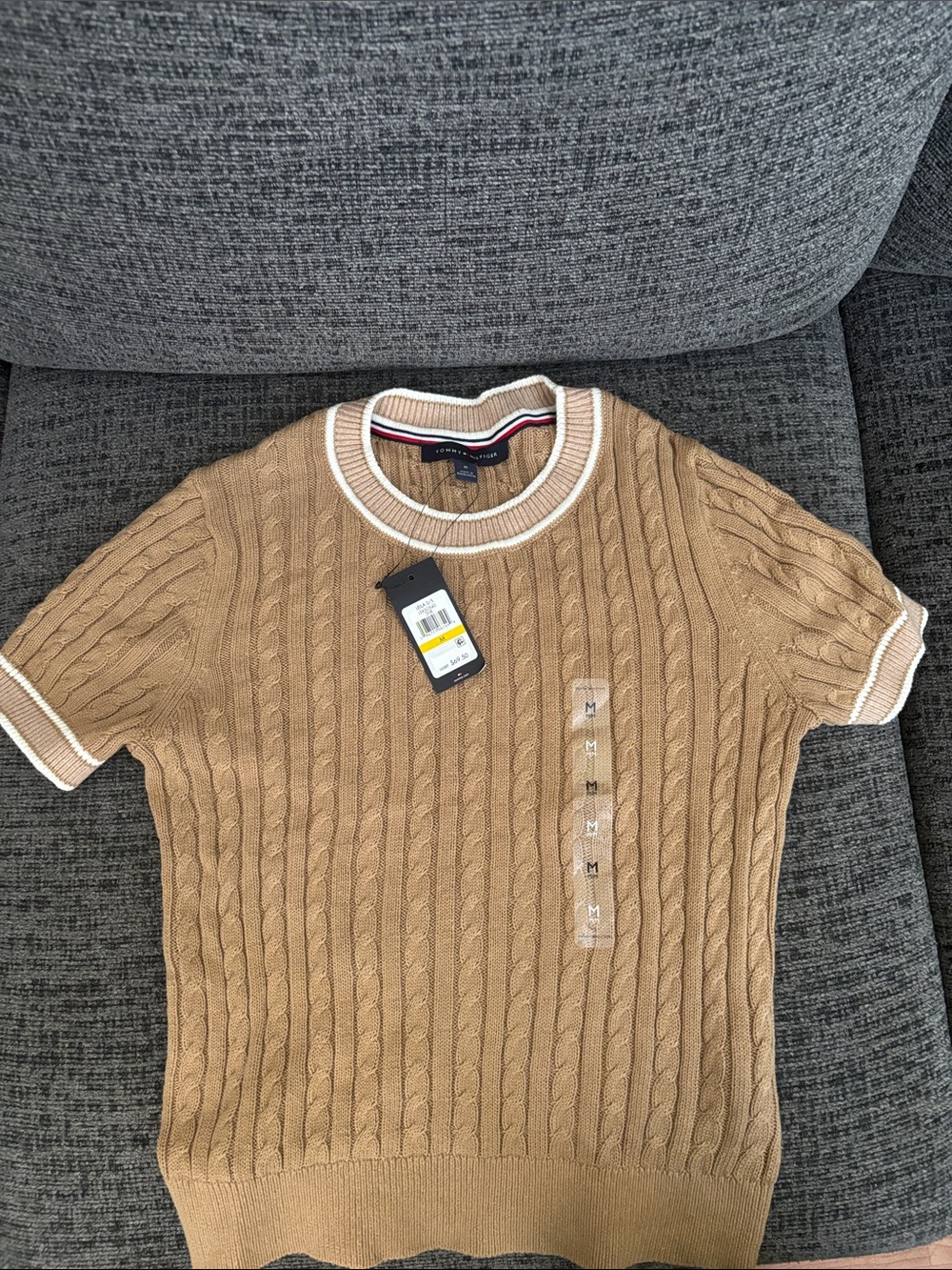Tommy Hilfiger Men’s Cable Knit Crewneck Sweater - Tan with White Trim